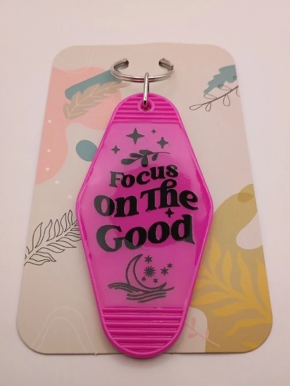 Pink Focus On The Good Motel Hotel Tag Keychain